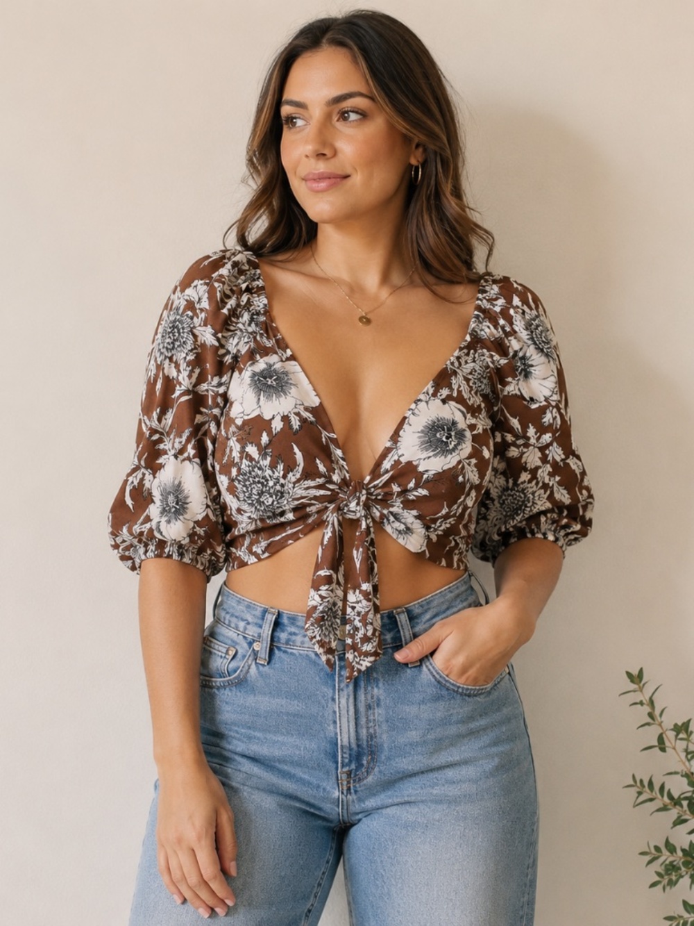 Express Floral Tie Front Crop Top Women's Size 12 Brown Puff Sleeve Boho